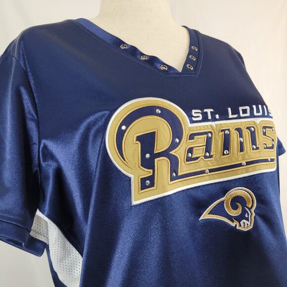 Vintage St. Louis Rams shirt Women's 2XL Blue NFL Bling mesh V-neck embroidered. - Picture 6 of 16